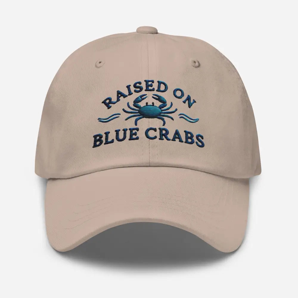Beige blue crabs dad hat embroidered in blue on chino cotton twill