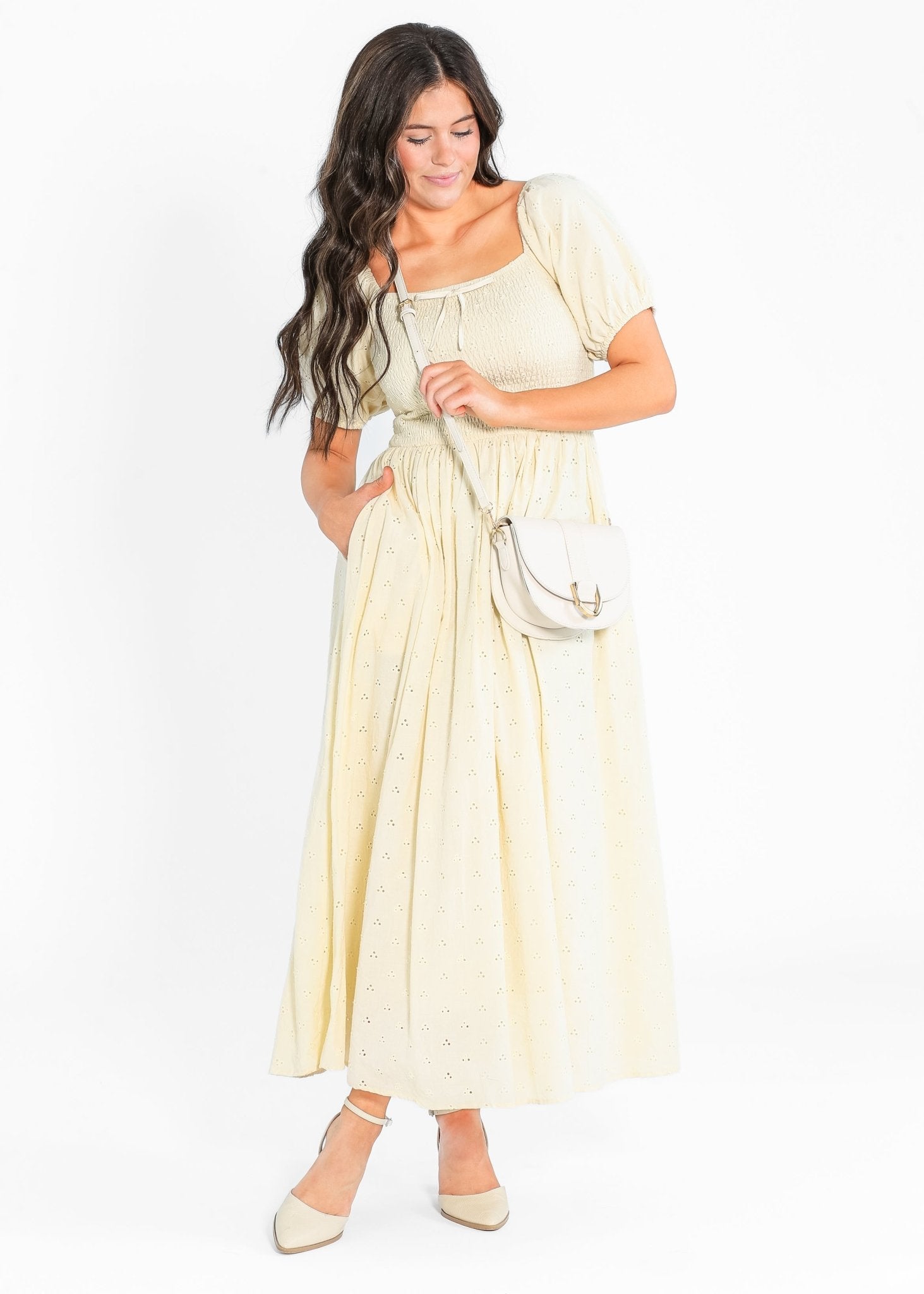 Rayna Puff Sleeve Eyelet Maxi Dress – Soft Yellow Cotton - Triniskies