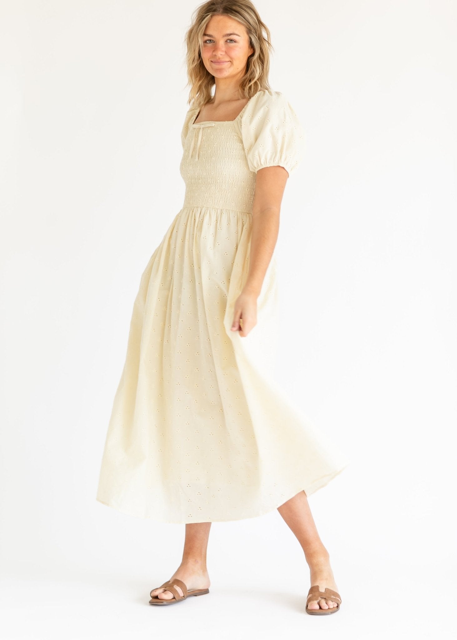 Rayna Puff Sleeve Eyelet Maxi Dress – Soft Yellow Cotton - Triniskies
