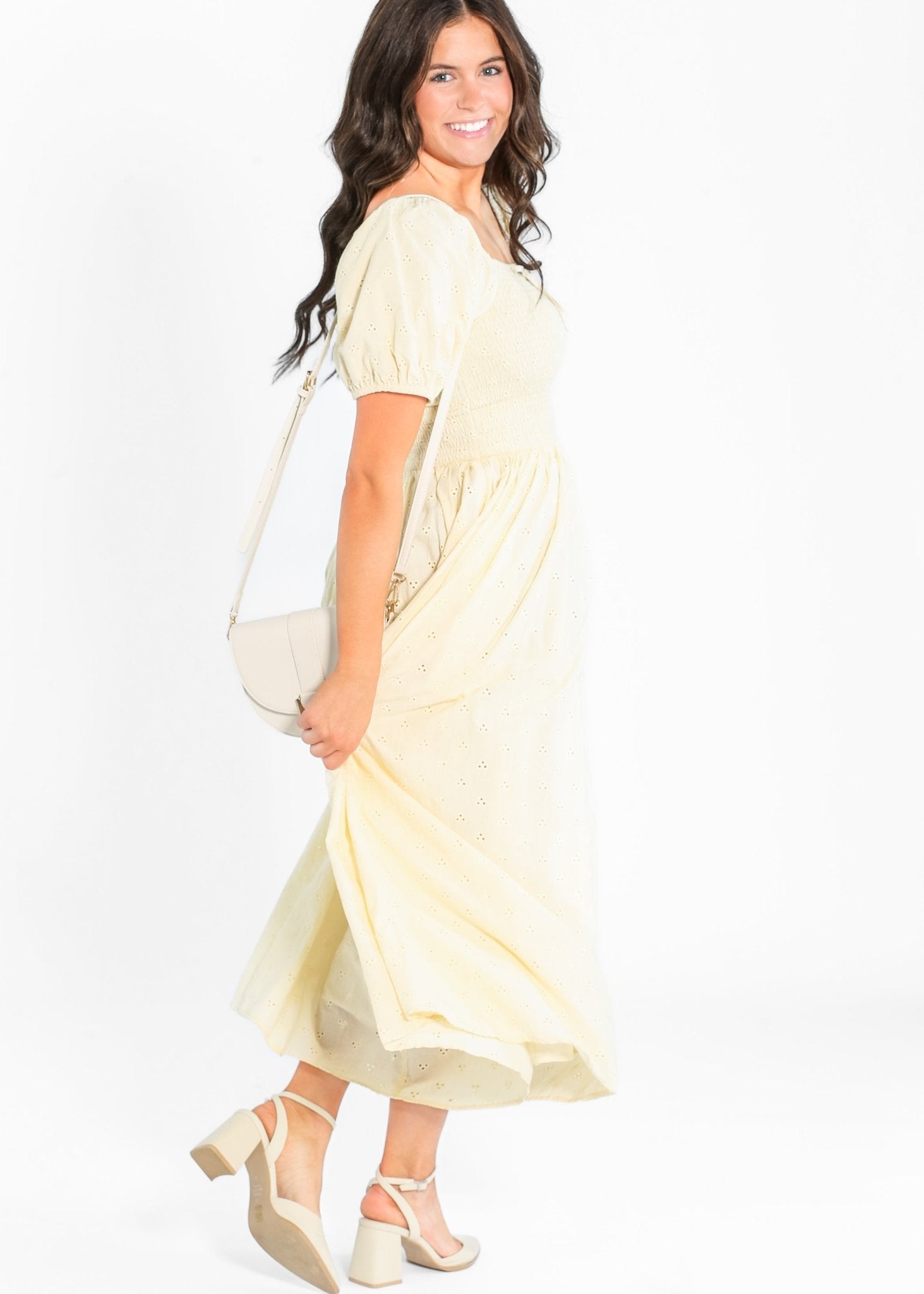 Rayna Puff Sleeve Eyelet Maxi Dress – Soft Yellow Cotton - Triniskies