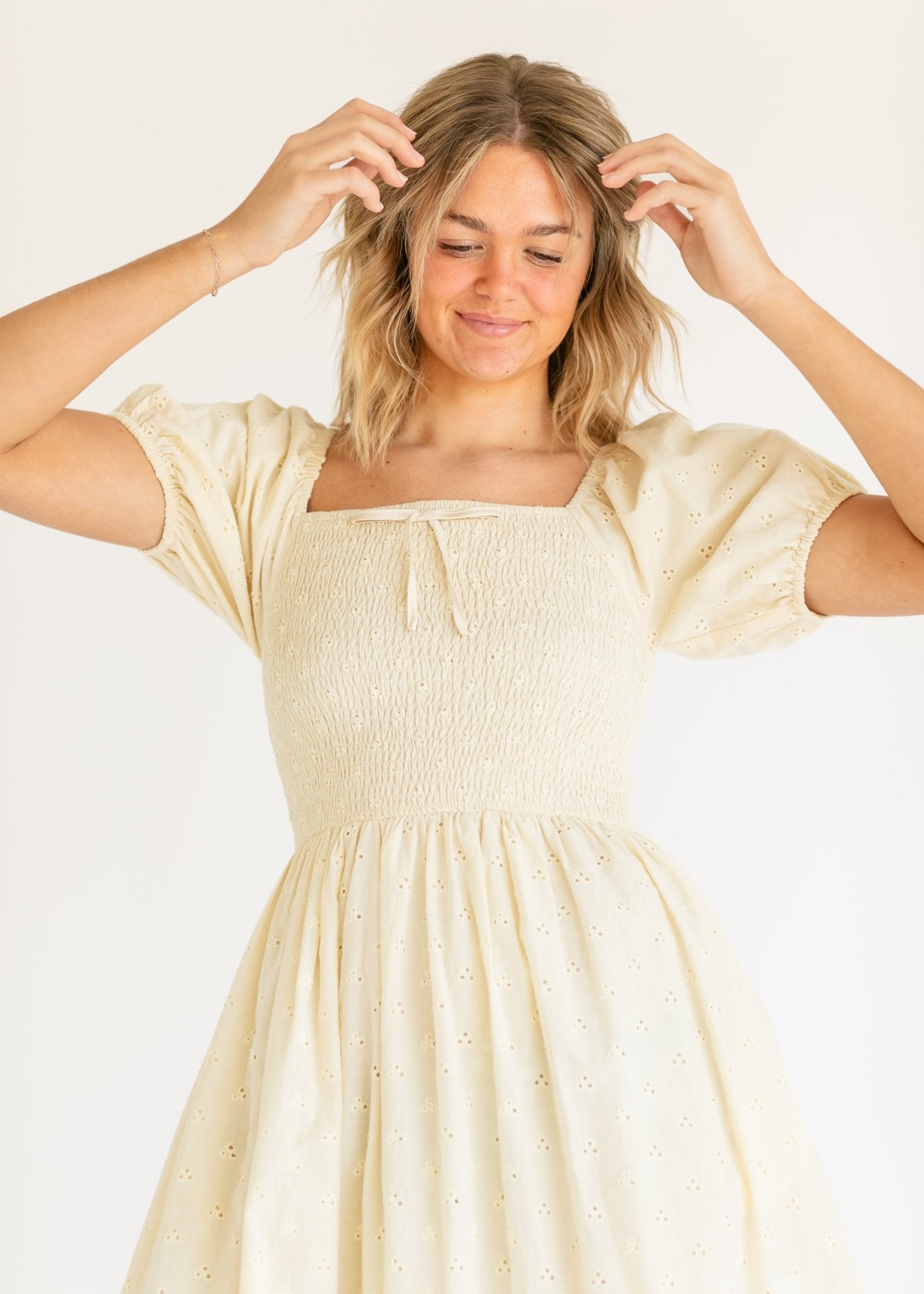 Rayna Puff Sleeve Eyelet Maxi Dress – Soft Yellow Cotton - Triniskies