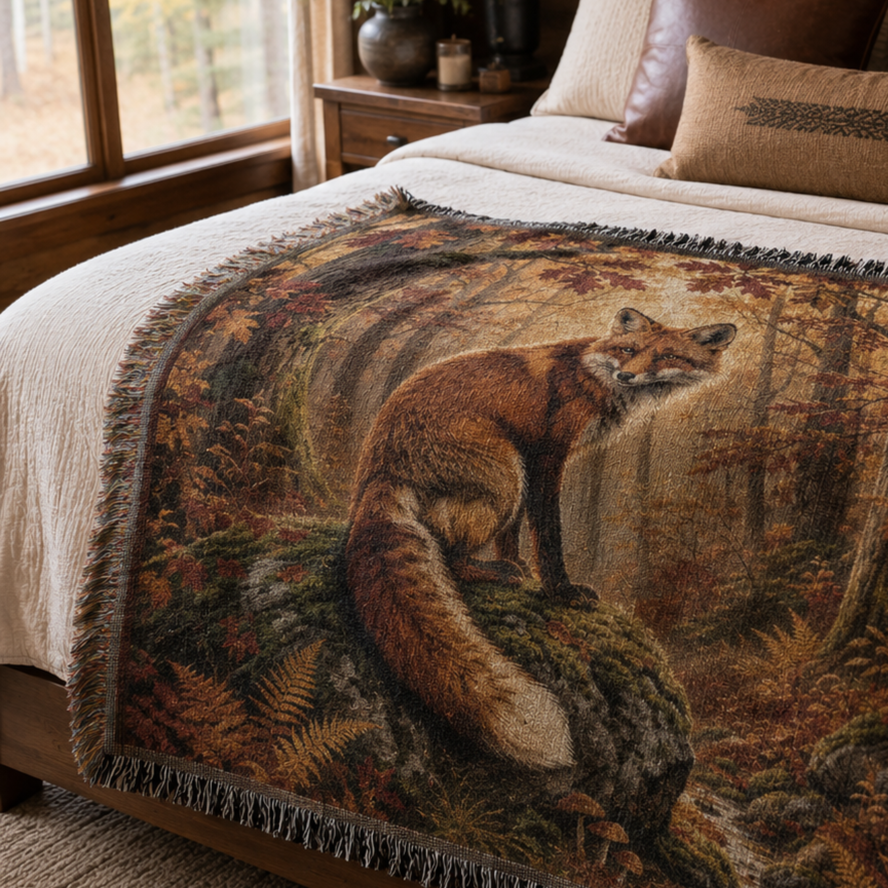 Red Fox Woodland woven throw folded on a bed in a cabin bedroom — Trini Skies