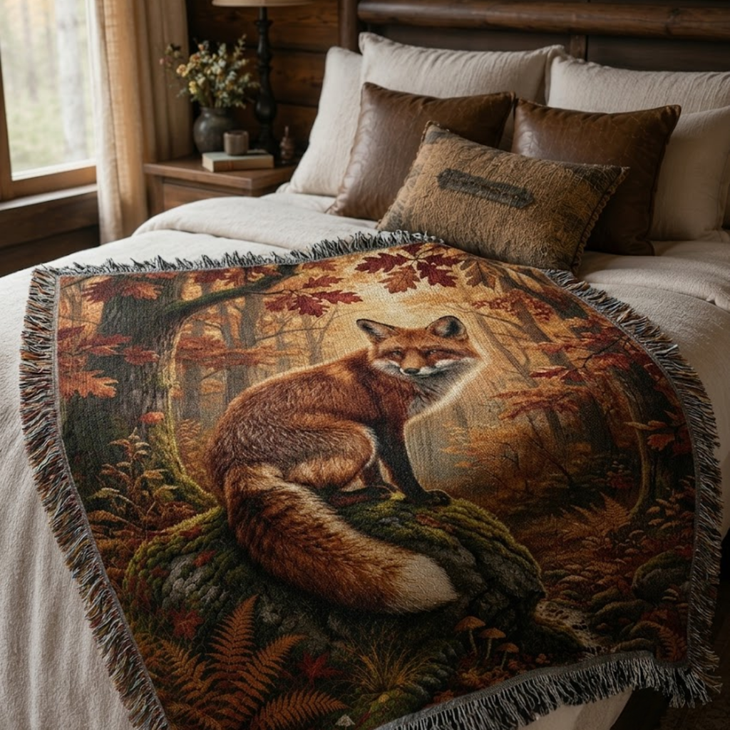 Red Fox Woodland woven throw layered on a bed in a rustic bedroom — Trini Skies