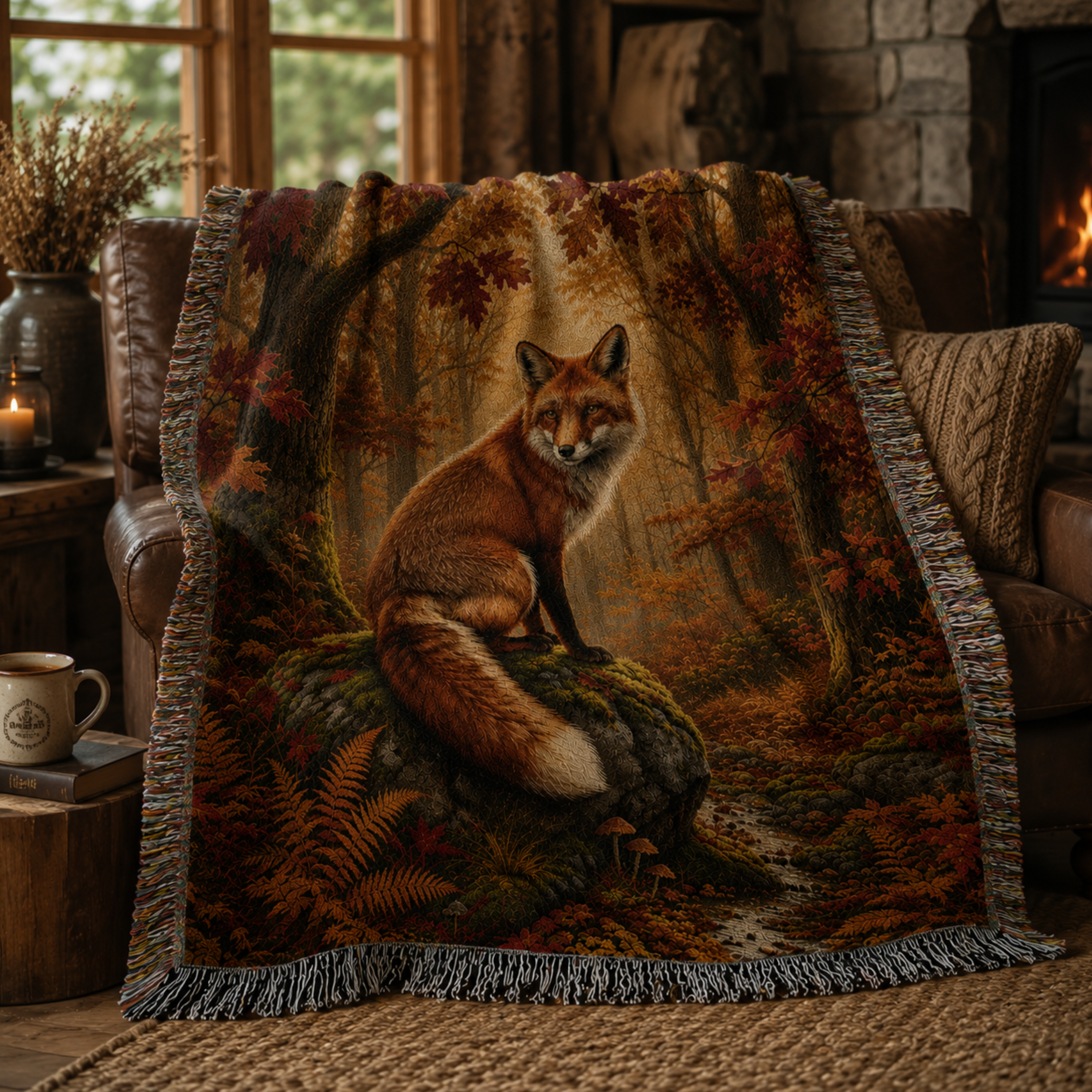 Red Fox Woodland woven throw draped over a leather chair by the fire — Trini Skies