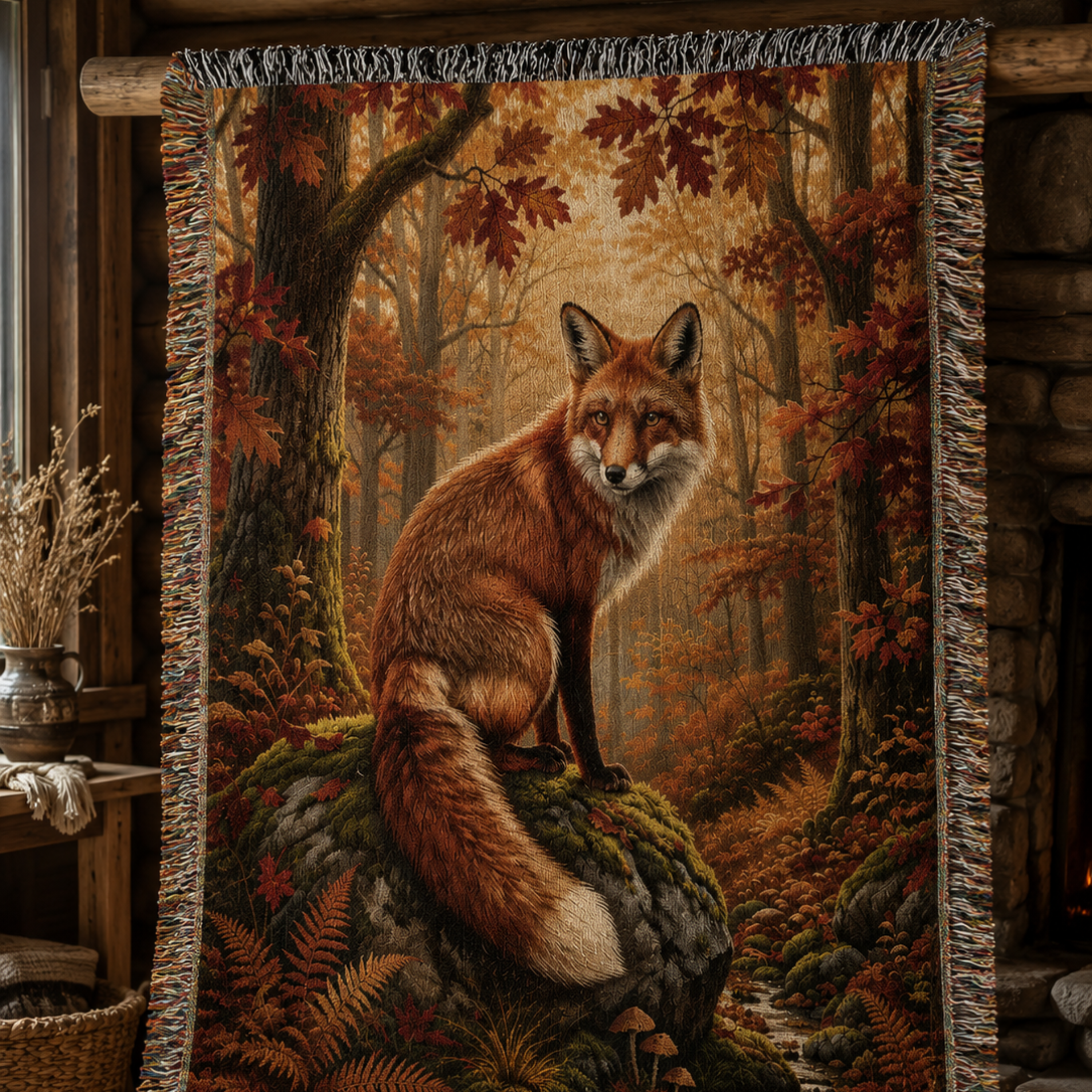 Red Fox Woodland woven throw displayed on a rack showing the full autumn fox design — Trini Skies
