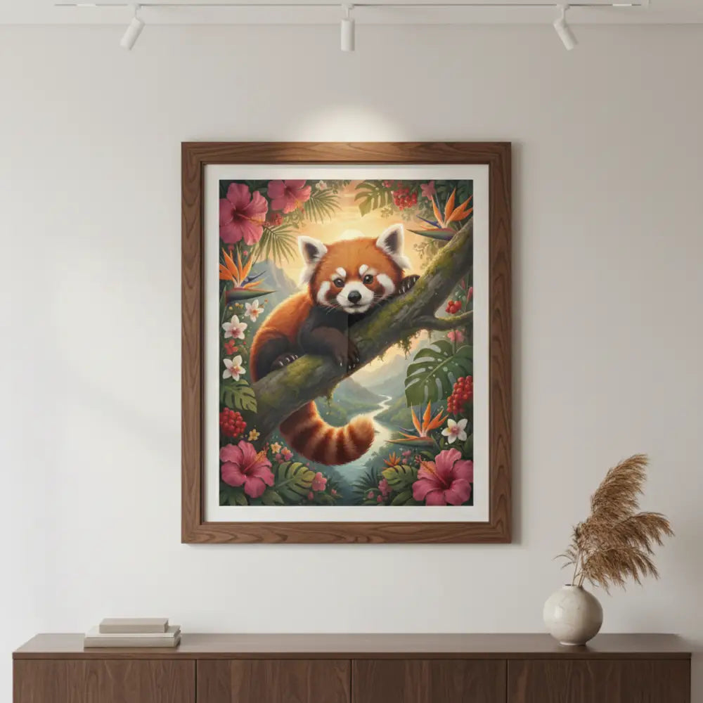 Red panda botanical art print by Trini Skies Graphics, wildlife wall art