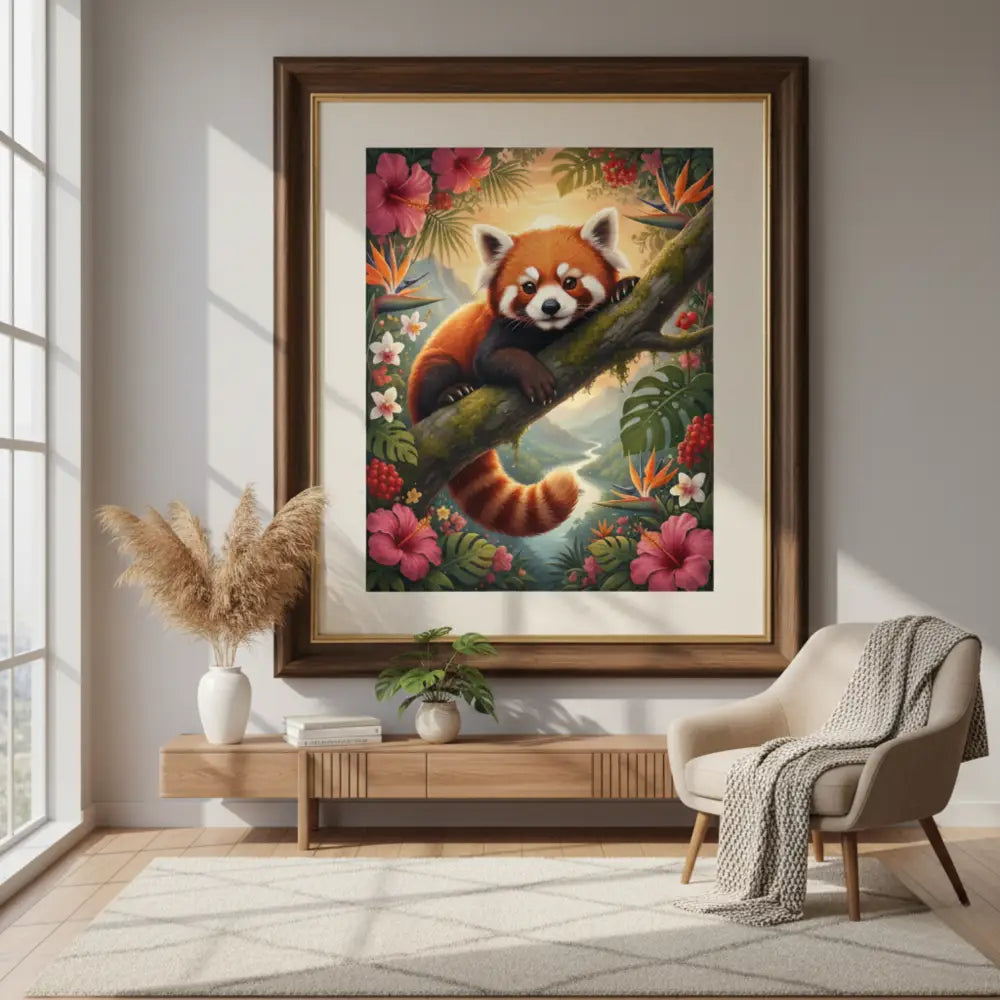 Framed red panda botanical wildlife wall art by Trini Skies Graphics