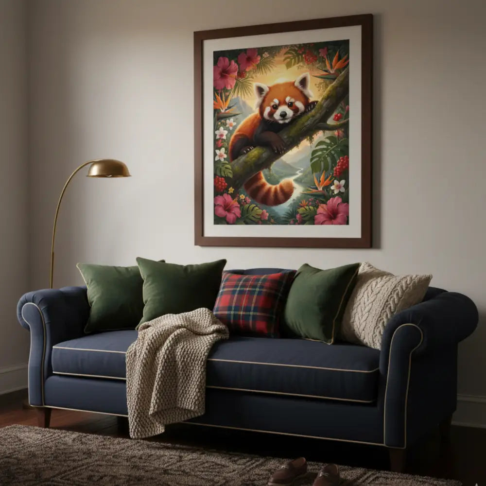 Framed red panda botanical wildlife wall art by Trini Skies Graphics