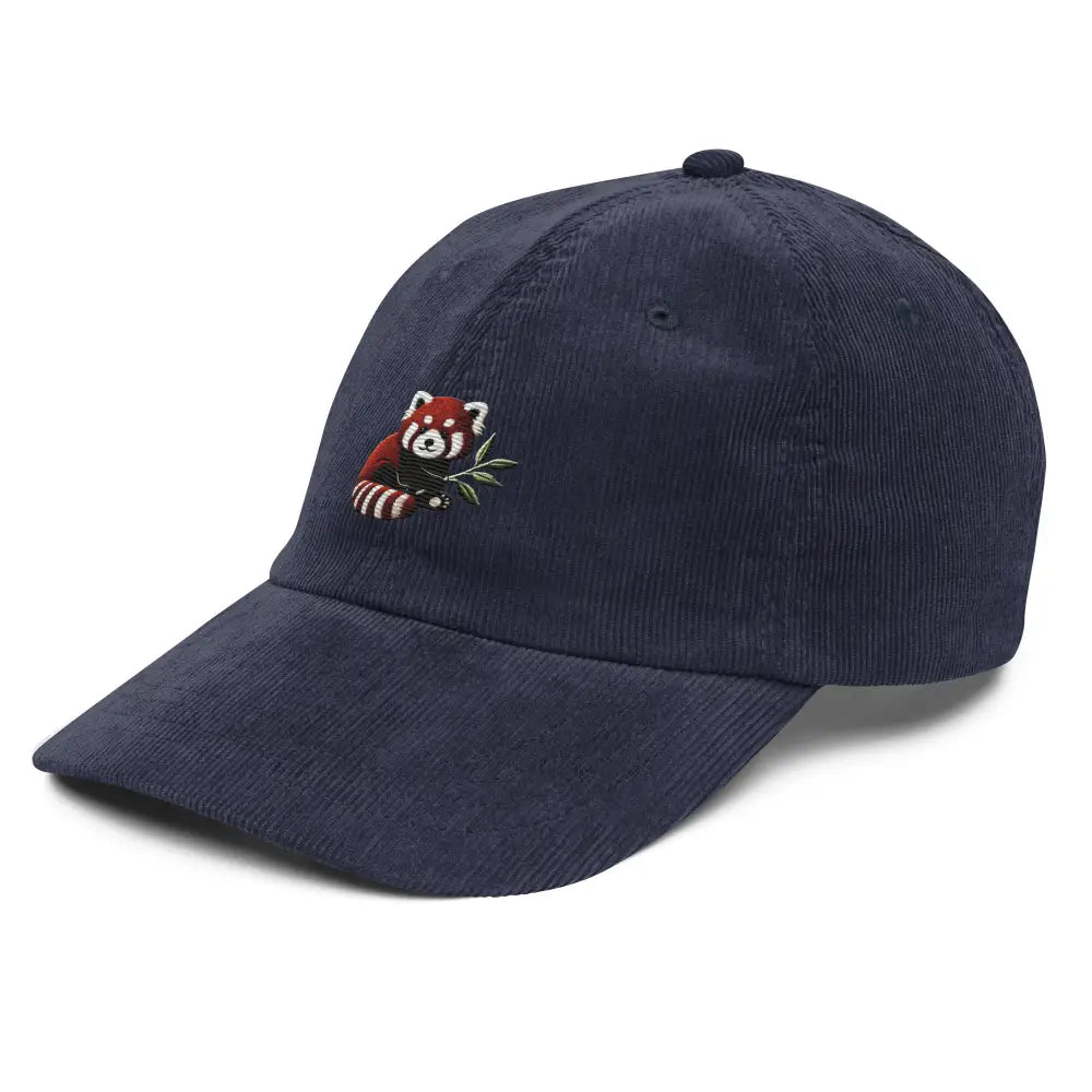 Red panda embroidered navy corduroy cap by Trini Skies Graphics