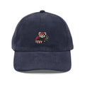 Navy blue corduroy cap with red panda embroidered by Trini Skies Graphics