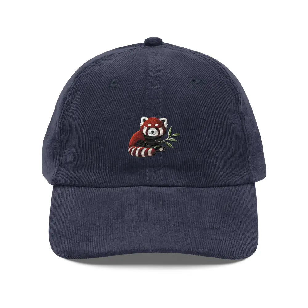 Navy blue corduroy cap with red panda embroidered by Trini Skies Graphics