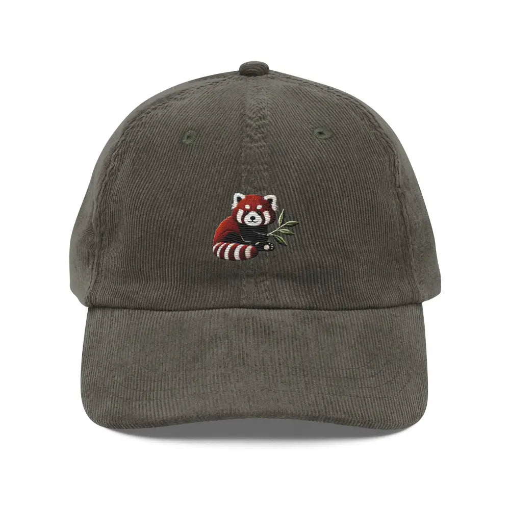 Olive green red panda embroidered corduroy cap by Trini Skies Graphics