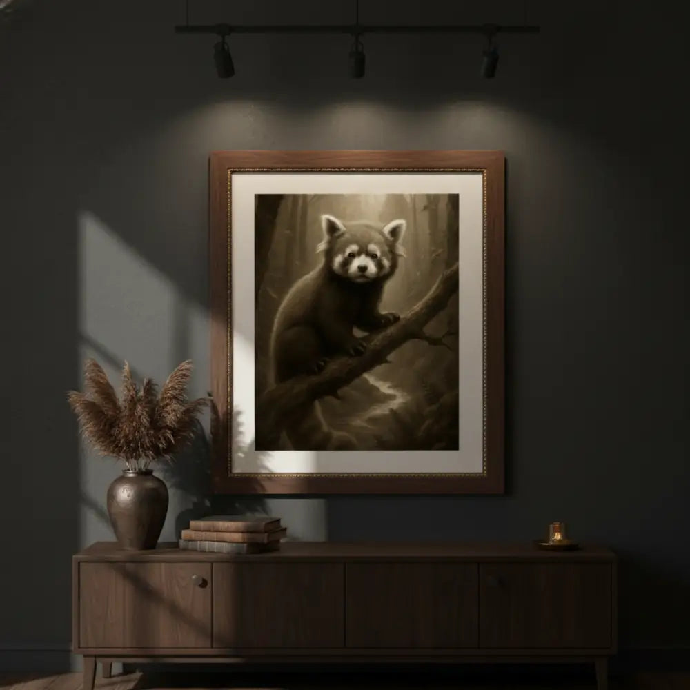 Framed sepia red panda forest art print by Trini Skies Graphics