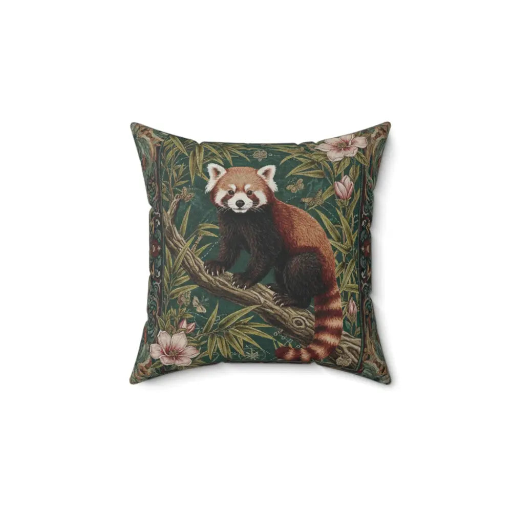 Red panda illustration on faux suede square pillow, botanical jungle design