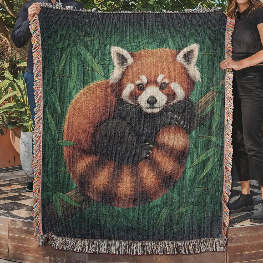 Cozy red panda woven art blanket with bamboo background