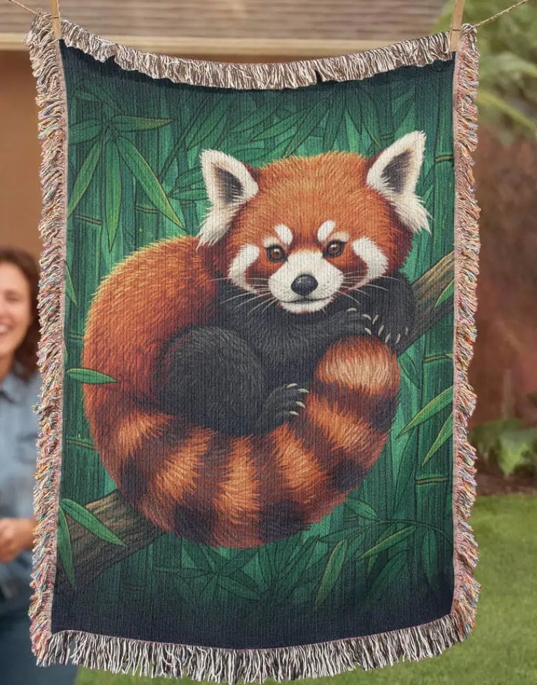 Cozy red panda woven art blanket in bamboo habitat, wildlife gift