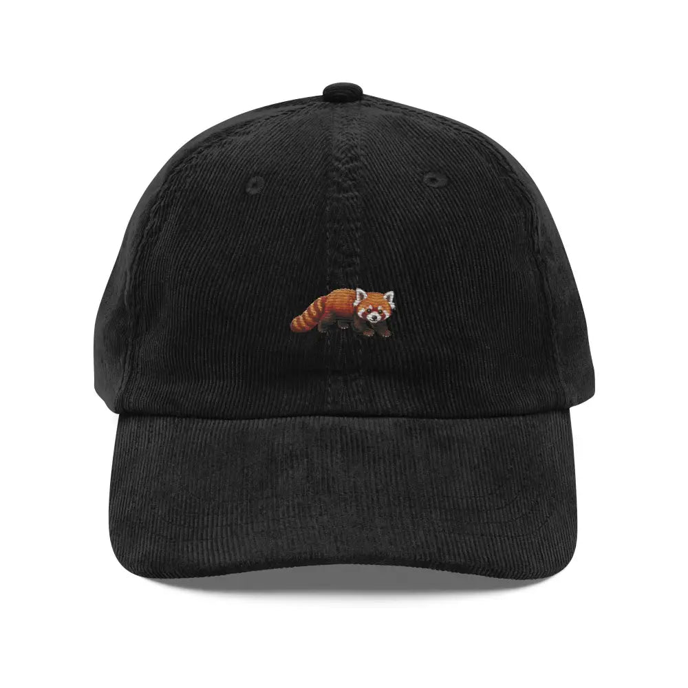 Black embroidered corduroy hat with red panda animal cap design