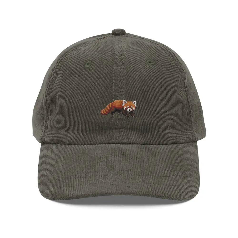 Olive green embroidered corduroy hat with red panda design