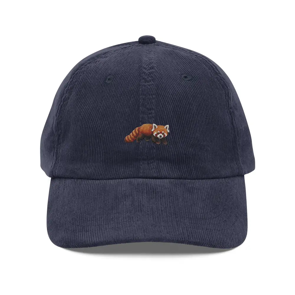 Navy blue embroidered corduroy hat with red panda animal cap design