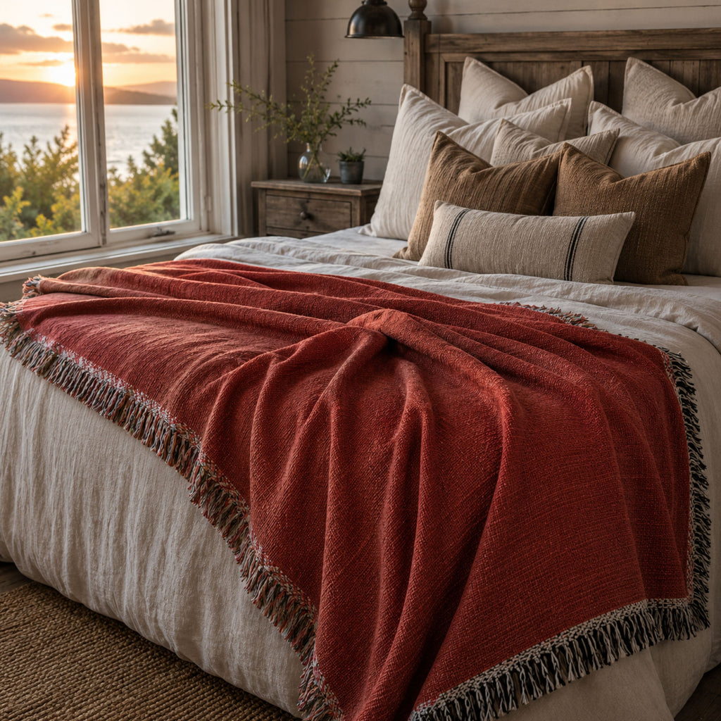 Solid cardinal red woven cotton throw blanket draped across a bed in a sunlit coastal bedroom overlooking the water, showing the woven texture and fringe trim — Trini Skies