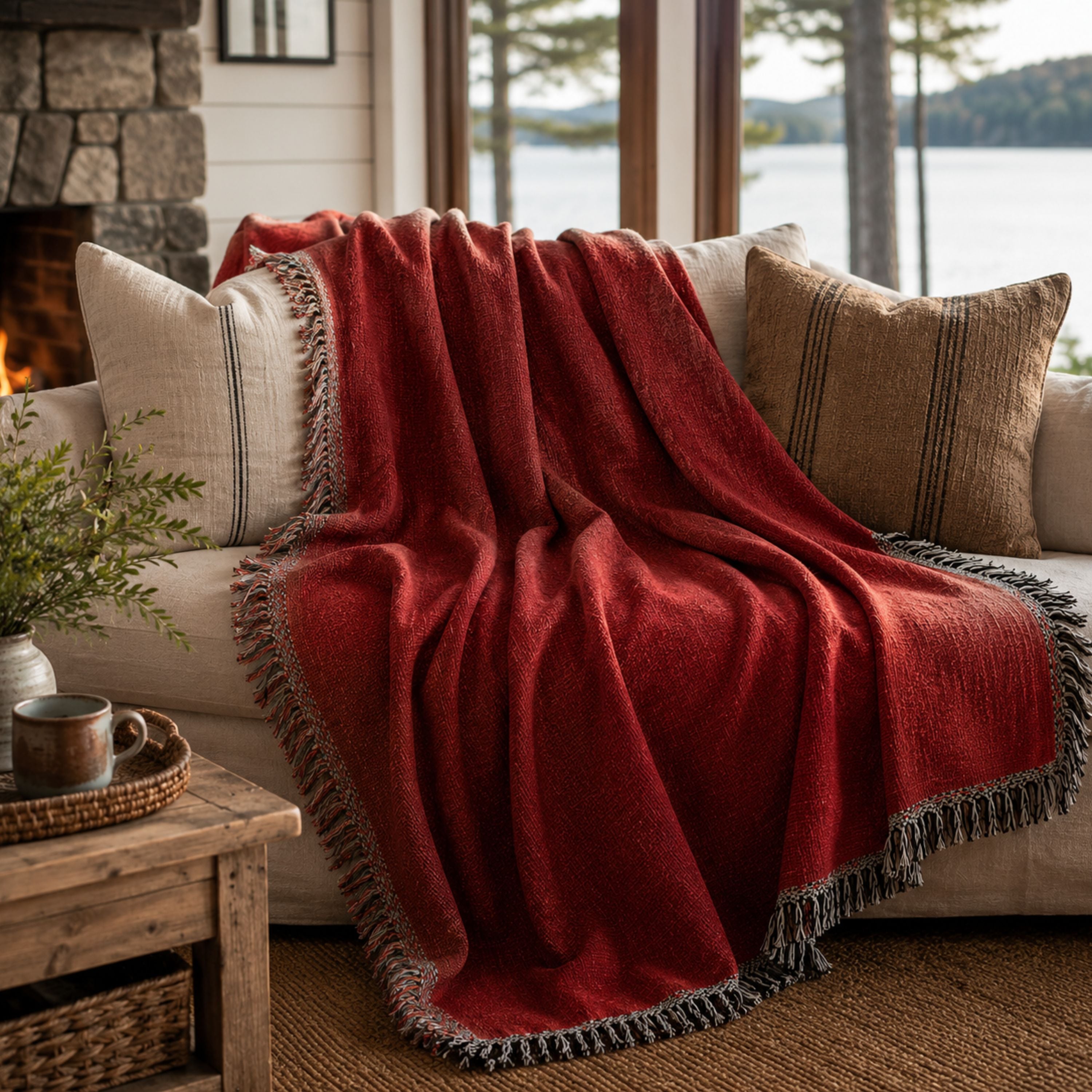 Solid cardinal red woven cotton throw blanket folded on a bed, showing the jacquard weave texture and multicolor fringe — Trini Skies