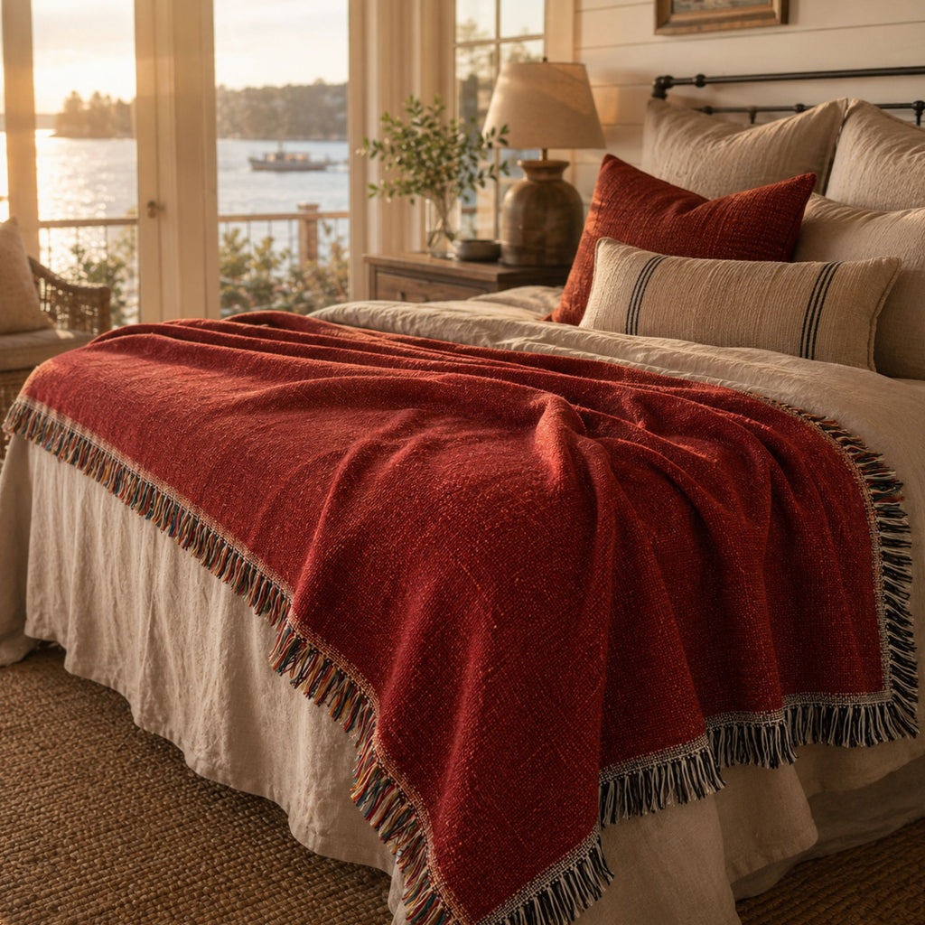 Solid cardinal red woven cotton throw blanket draped over a bed in a warmly lit bedroom overlooking a lake at sunset — Trini Skies