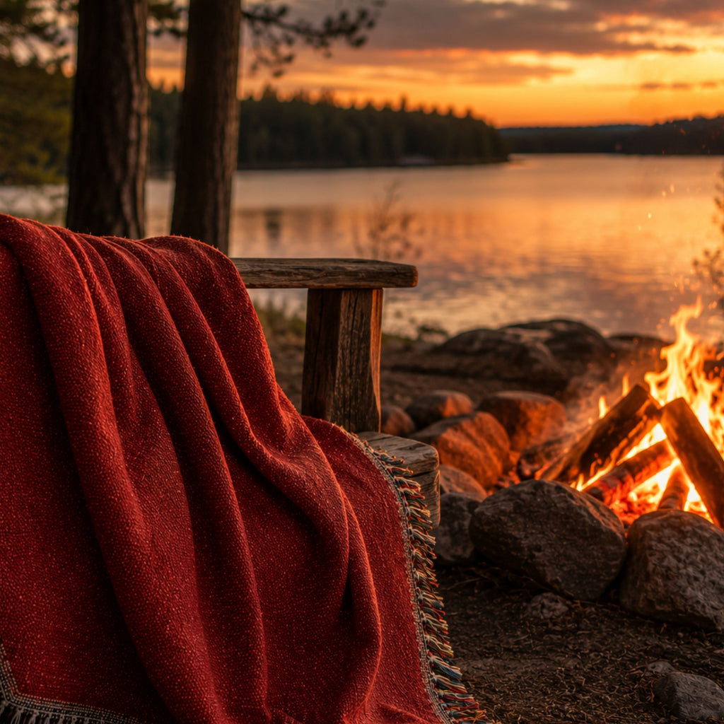 Solid cardinal red woven cotton throw blanket draped over a wooden bench beside a bonfire at dusk, warm firelight and multicolor fringe visible — Trini Skies