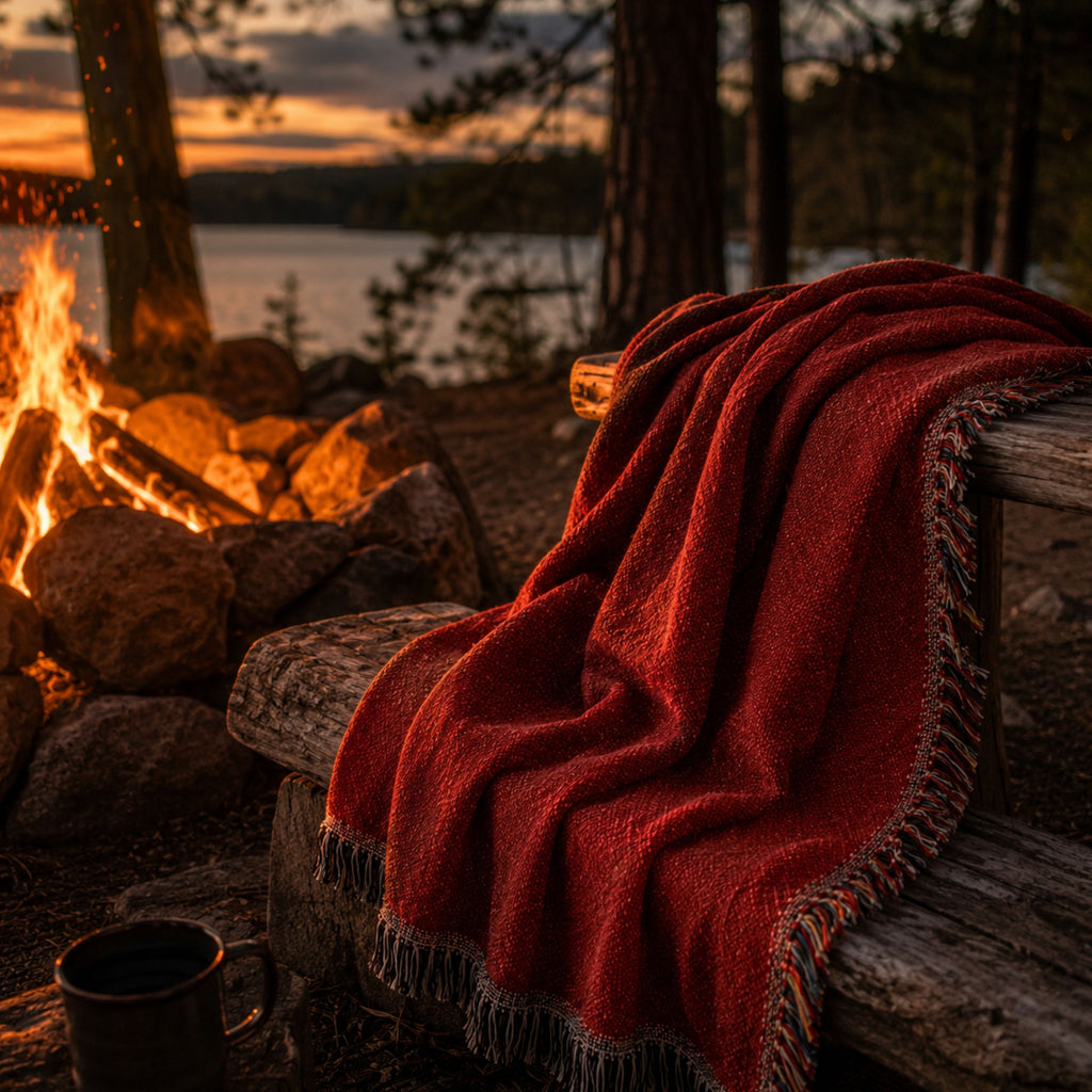 Solid cardinal red woven cotton throw blanket draped over an Adirondack chair beside a lakeside campfire at sunset — Trini Skies