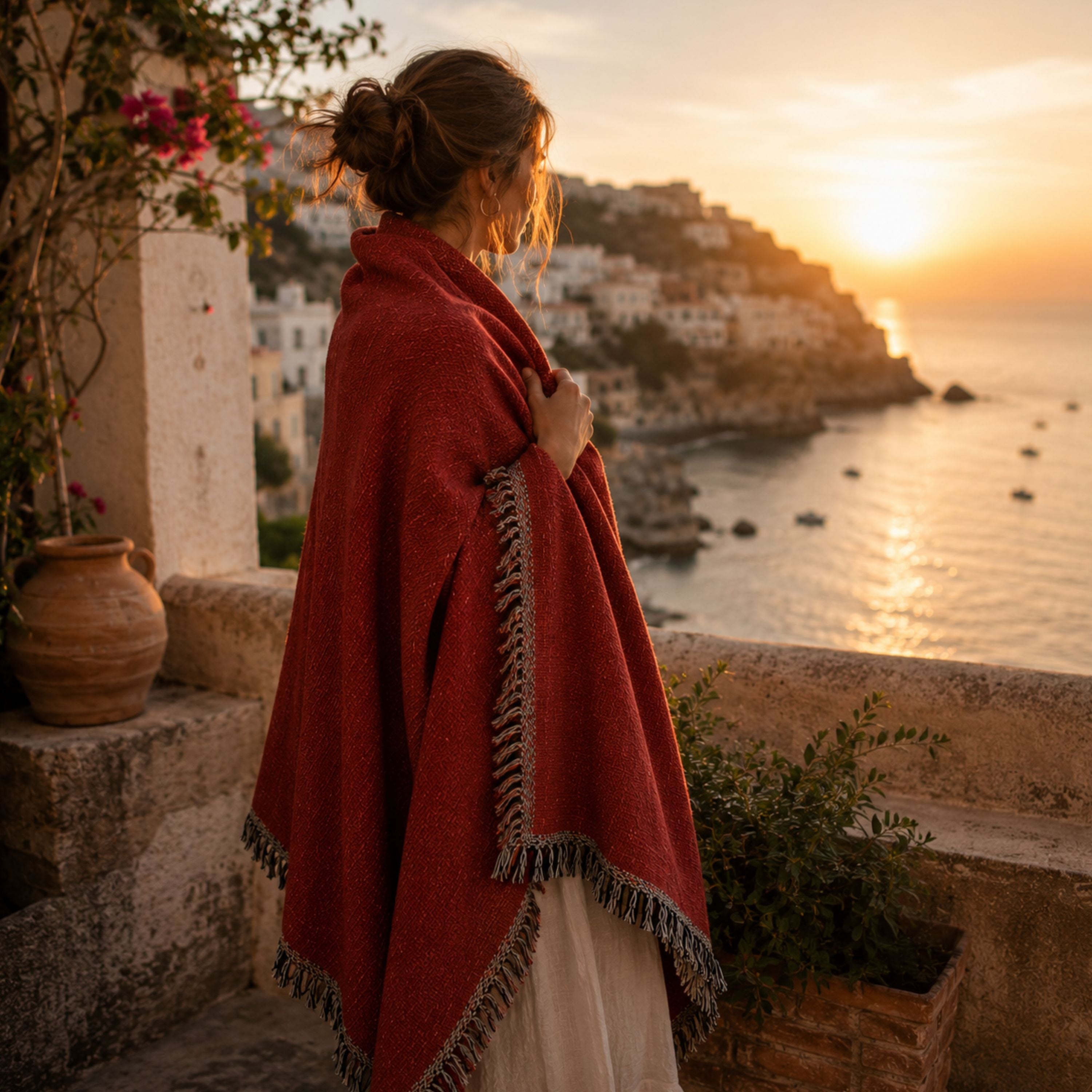 Woman wrapped in a solid cardinal red woven cotton throw blanket standing near the coast at sunset, showing the drape and fringe detail — Trini Skies
