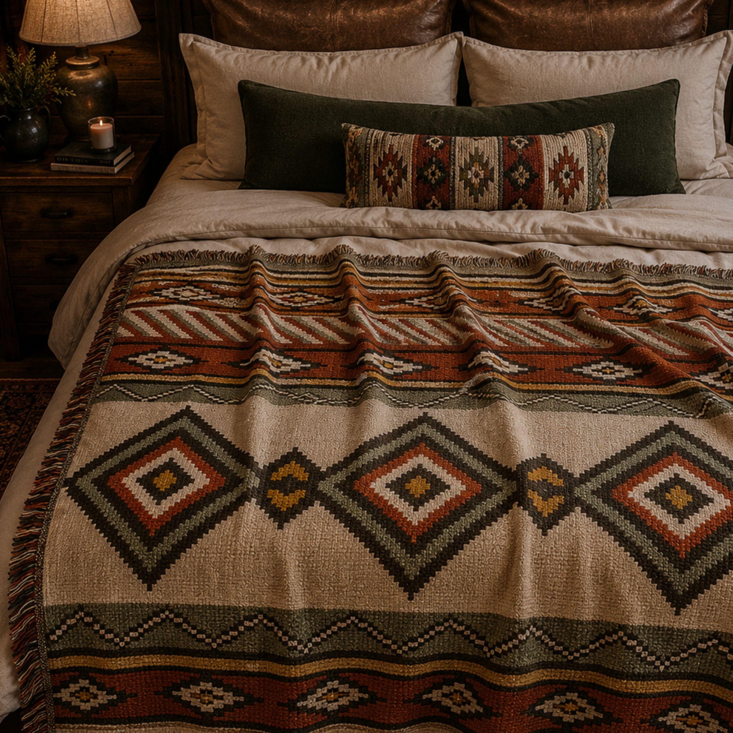 southwestern pattern woven throw blanket on a bed 
