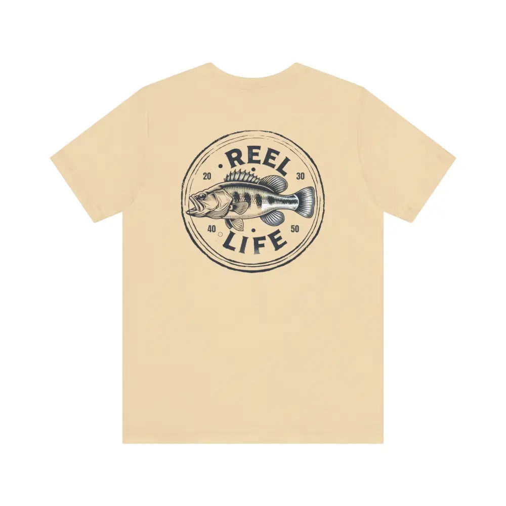 Light tan Reel Life Fishing tee with bass graphic
