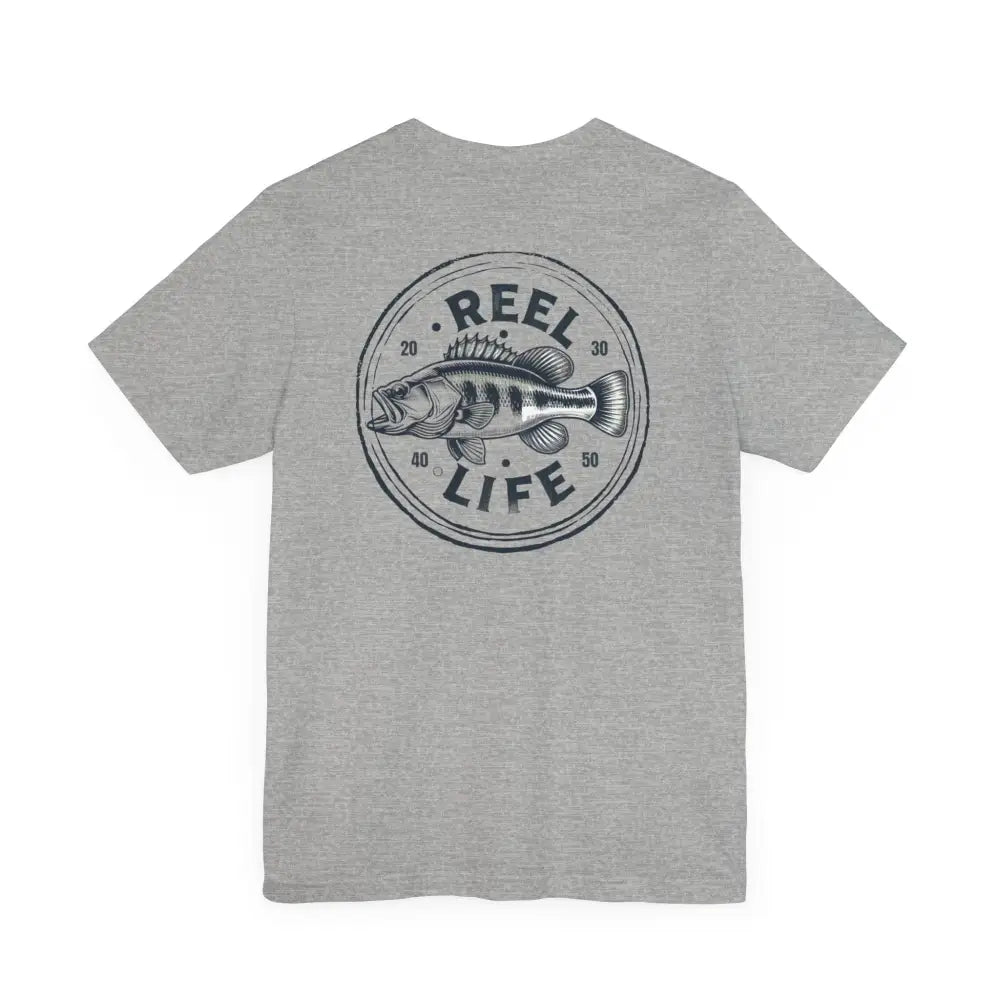 Gray Reel Life Fishing graphic tee on cotton t-shirt