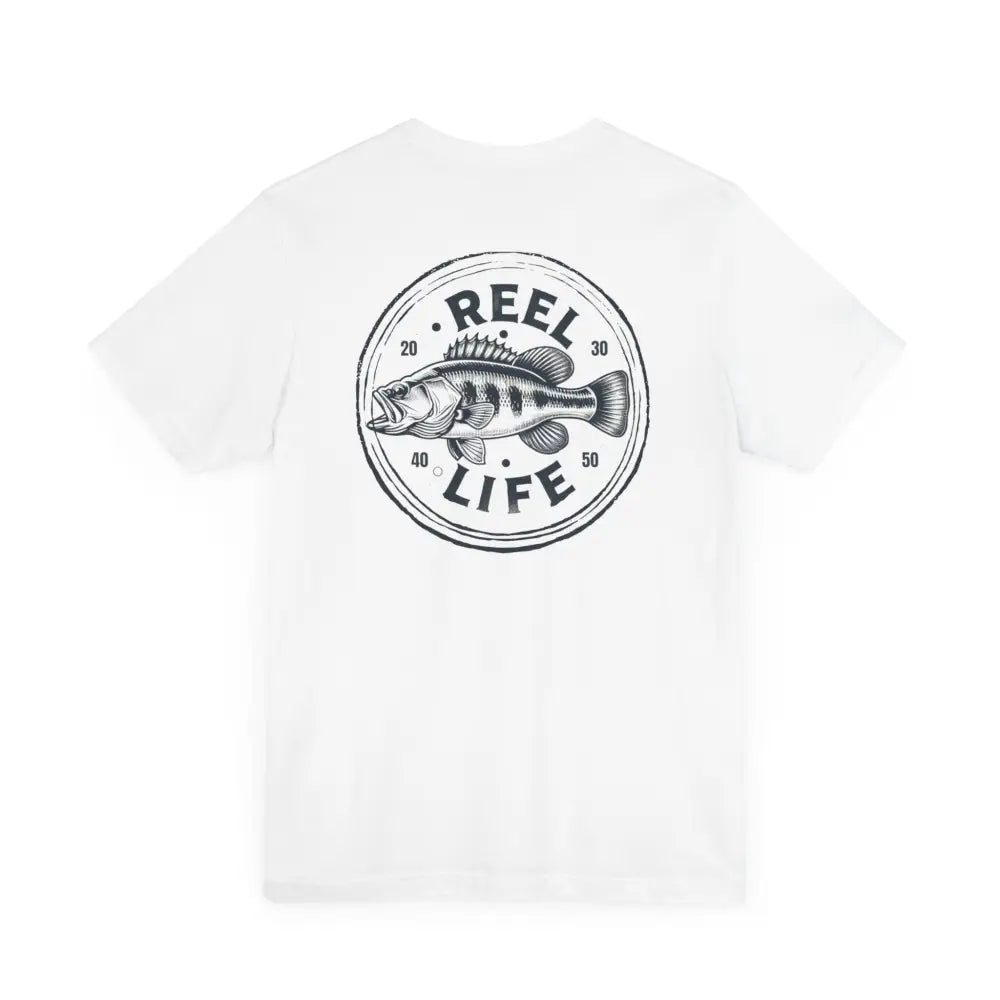 Reel Life Fishing graphic tee with black and white fish circle on back