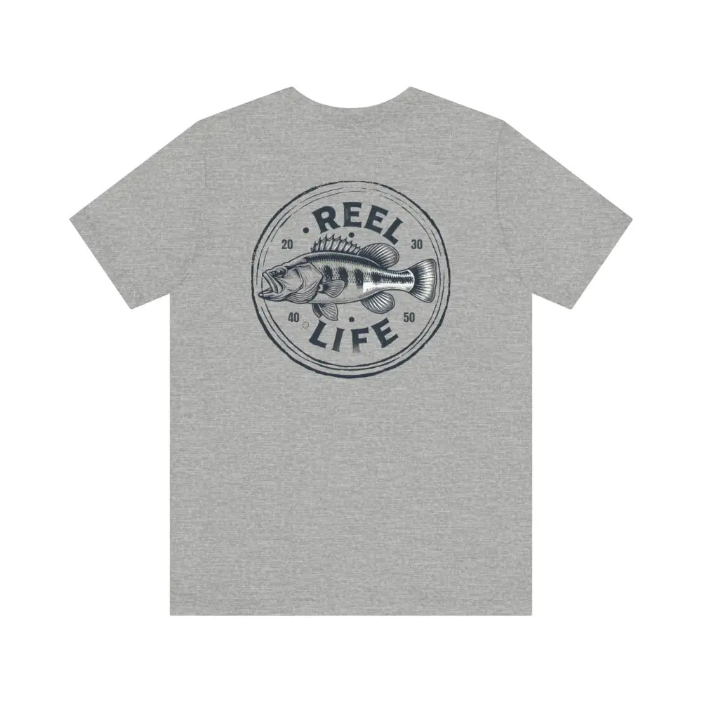 Reel Life Fishing graphic on gray cotton crewneck tee