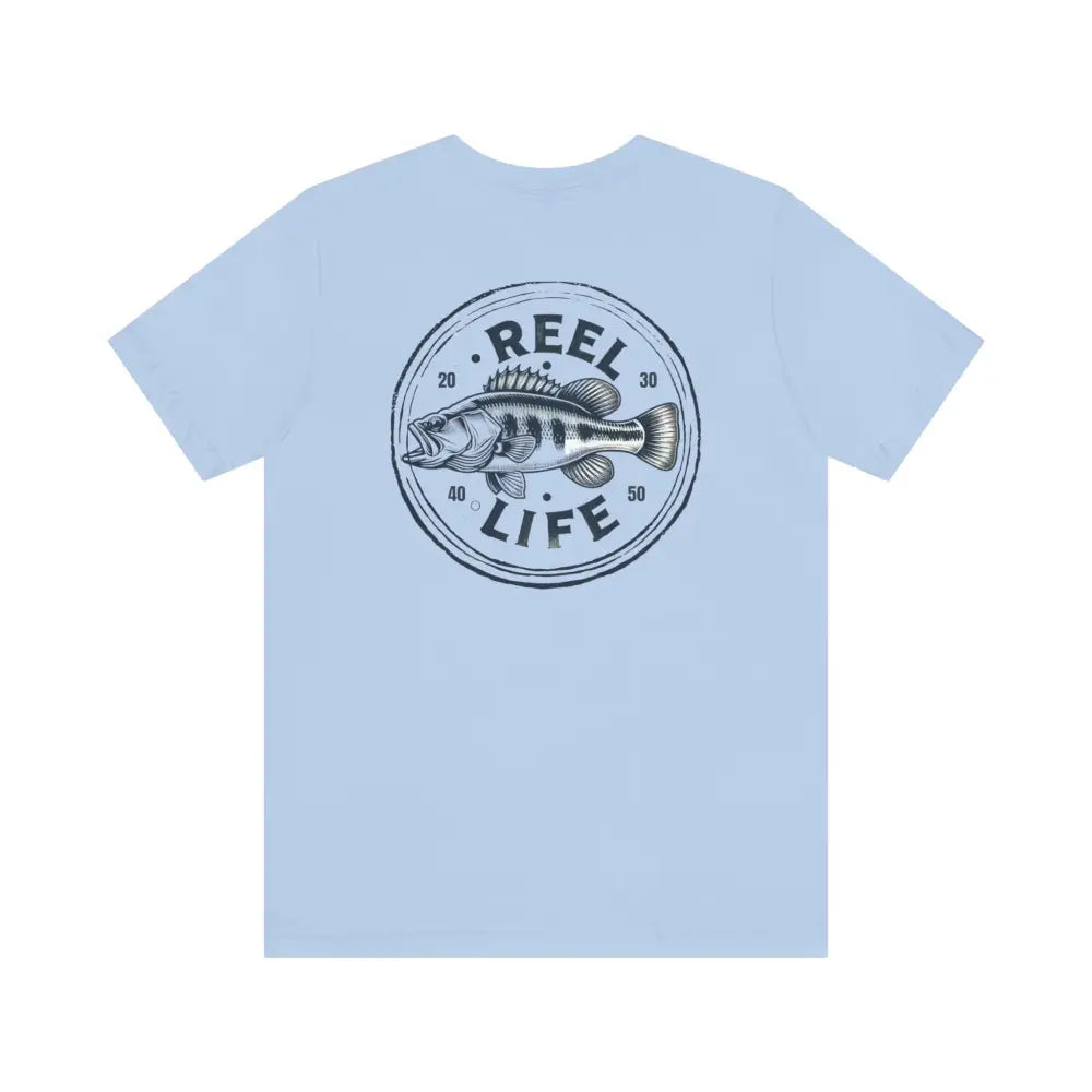 Light blue Reel Life Fishing graphic tee with short sleeves