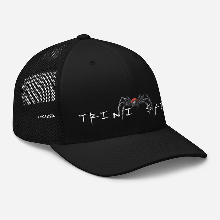 Trini Skies  Red Embroidered Trucker Hat, Adjustable Mesh Back Cap