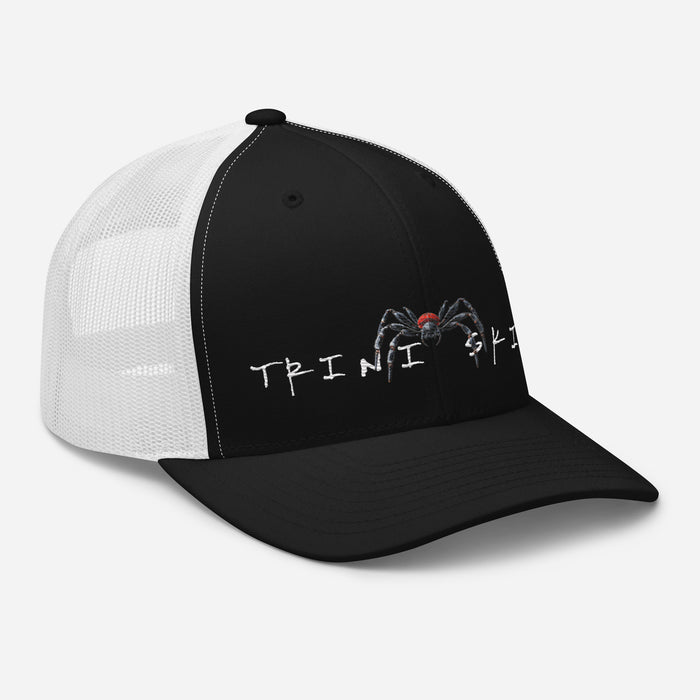 Trini Skies  Red Embroidered Trucker Hat, Adjustable Mesh Back Cap