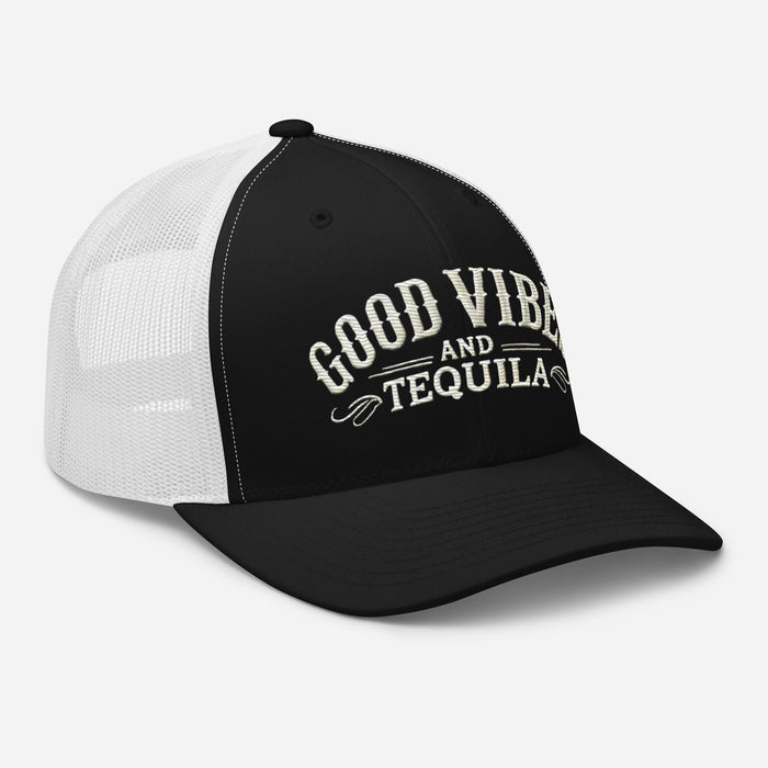 Good Vibes and Tequila Embroidered Trucker Cap: Classic Mesh Back, Adjustable Fit Party Hat Great Gift Idea