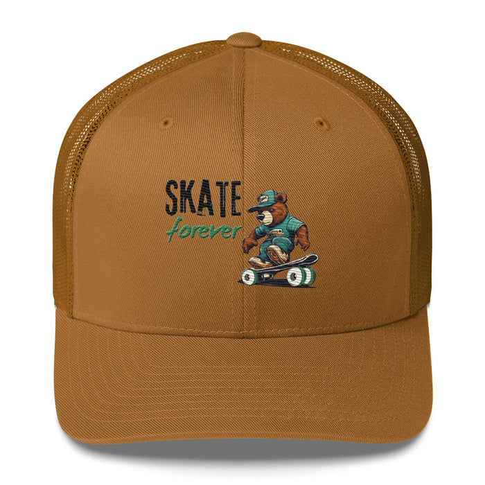 "Skate Forever" Bear Skateboarder Trucker Cap – Mesh Back & Adjustable Fit Trucker Cap