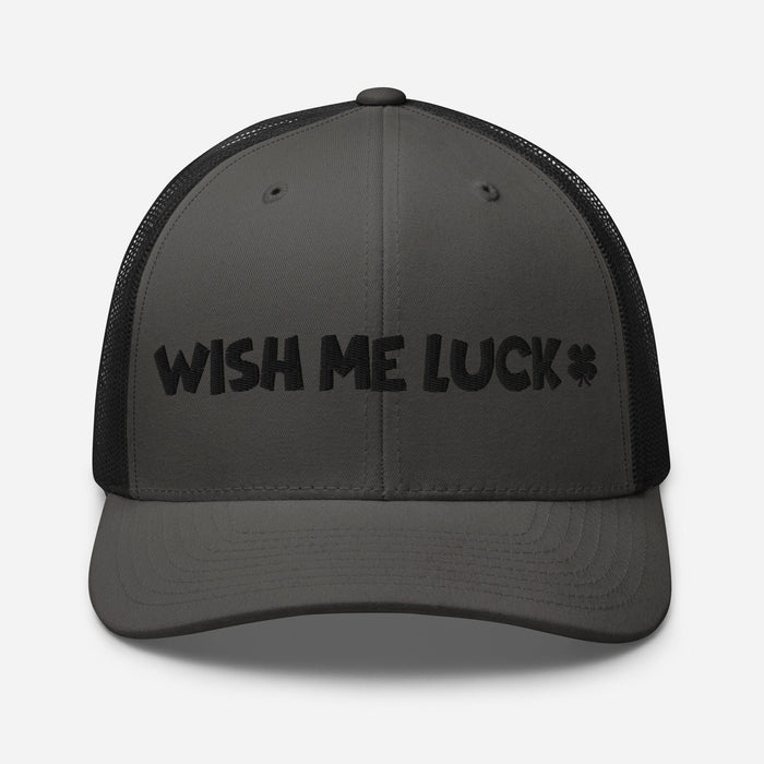 Embroidered Wish Me Luck Clover Trucker Hat Classic Comfort with Mesh Back Great Gift Idea Mens Hat Womens Hat