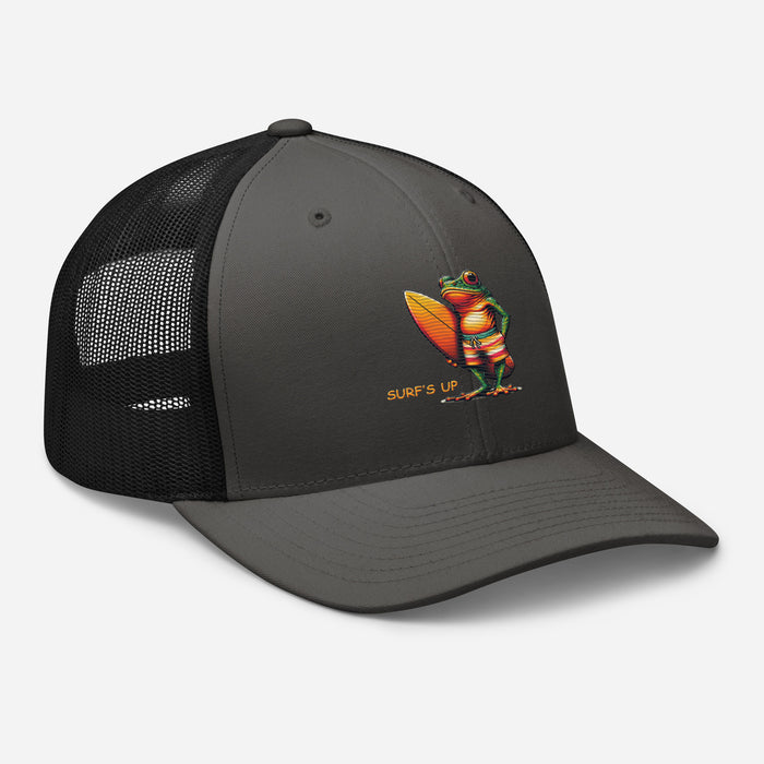 Surfs Up Surfing Frog Embroidered Trucker Cap by Trini Skies, Adjustable Mesh Back Cap