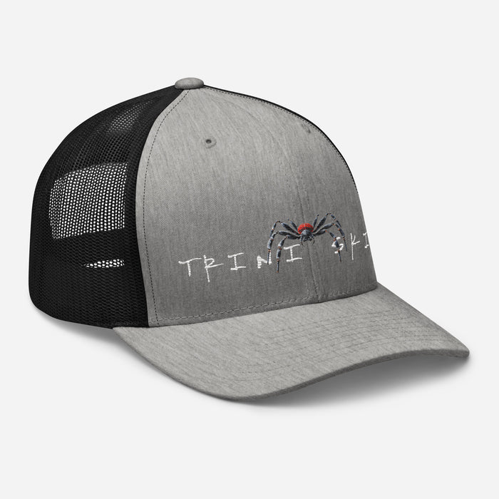 Trini Skies  Red Embroidered Trucker Hat, Adjustable Mesh Back Cap