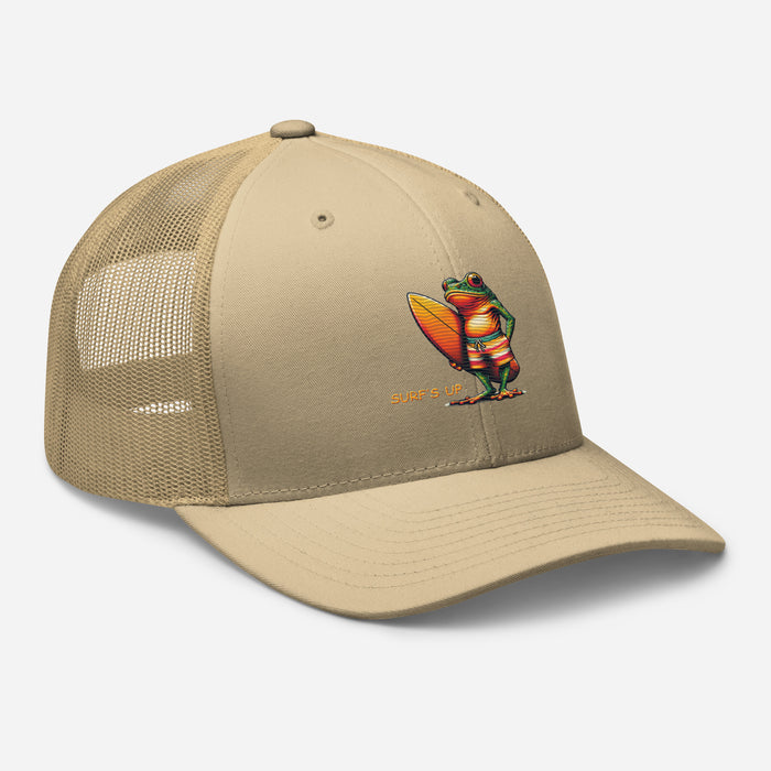 Surfs Up Surfing Frog Embroidered Trucker Cap by Trini Skies, Adjustable Mesh Back Cap