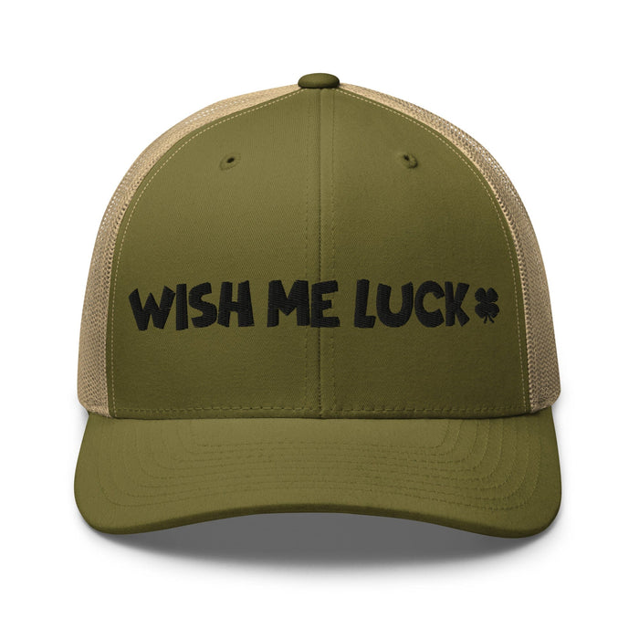 Embroidered Wish Me Luck Clover Trucker Hat Classic Comfort with Mesh Back Great Gift Idea Mens Hat Womens Hat