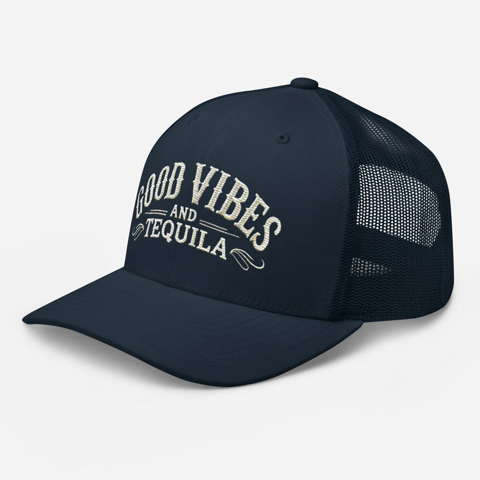 Good Vibes and Tequila Embroidered Trucker Cap: Classic Mesh Back, Adjustable Fit Party Hat Great Gift Idea