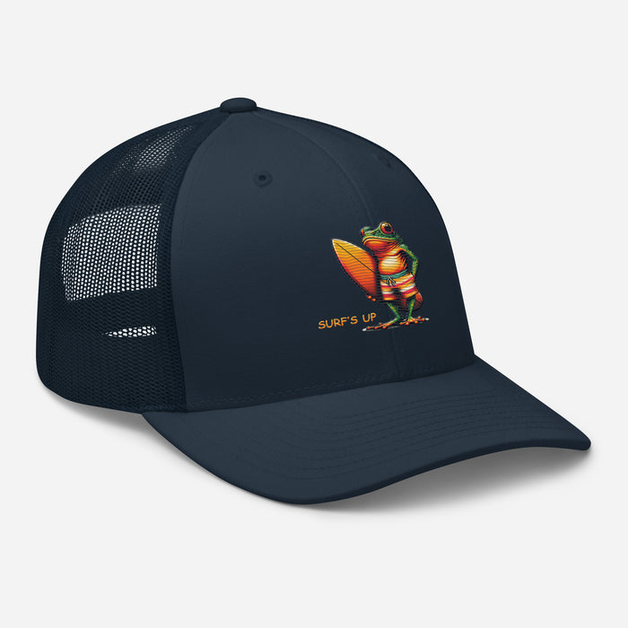 Surfs Up Surfing Frog Embroidered Trucker Cap by Trini Skies, Adjustable Mesh Back Cap