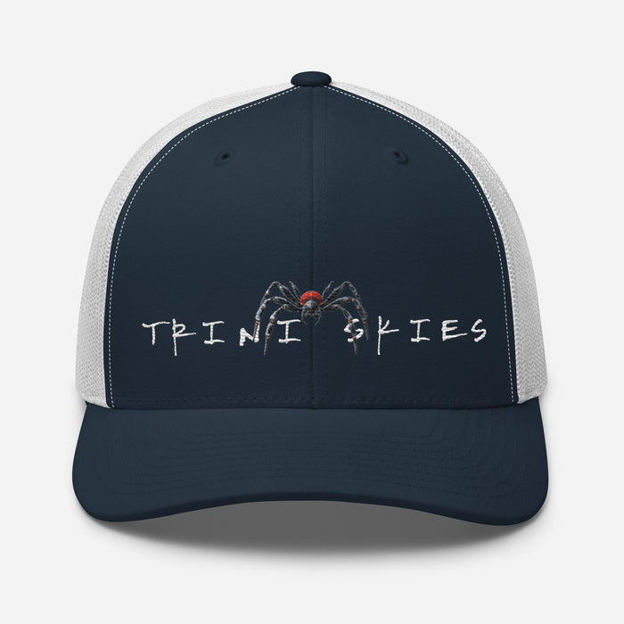 Trini Skies  Red Embroidered Trucker Hat, Adjustable Mesh Back Cap