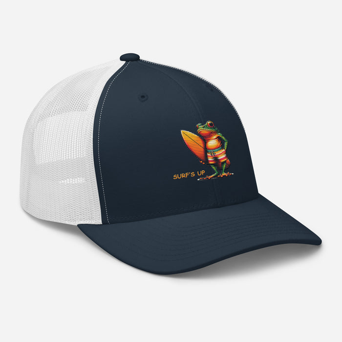 Surfs Up Surfing Frog Embroidered Trucker Cap by Trini Skies, Adjustable Mesh Back Cap