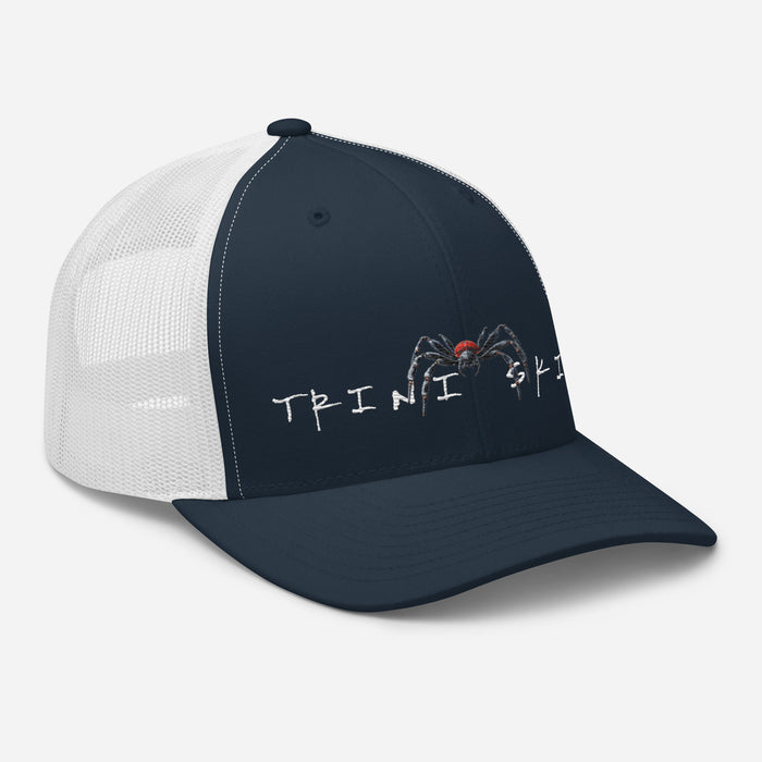 Trini Skies  Red Embroidered Trucker Hat, Adjustable Mesh Back Cap