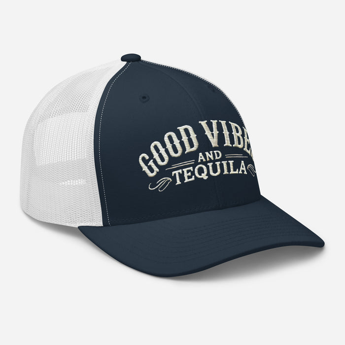 Good Vibes and Tequila Embroidered Trucker Cap: Classic Mesh Back, Adjustable Fit Party Hat Great Gift Idea